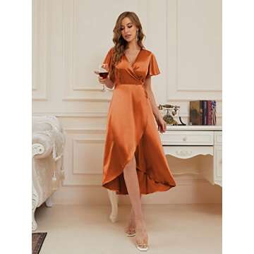 ZABERRY Women Summer Wrap V Neck Satin Cocktail Beach Cap Sleeves Midi Dress with Belt