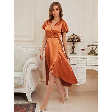 ZABERRY Women Summer Wrap V Neck Satin Cocktail Beach Cap Sleeves Midi Dress with Belt
