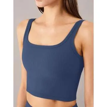 Chilylori Women's Seamless Sports Bra Workout Crop Top Ribbed Padded Longline Wirefree Medium Support Tank Tops Fitness Bras Top Workout Tops for Women Sports Bra Blue M