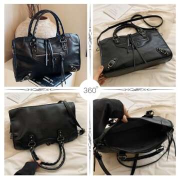 Crossbody Tote Bags for Women Punk Faux Leather Hobo Rivet Purse with Multi Pockets and Studs Design Trendy Punk Rivet Studded Shoulder Bag Work Boston Goth Bag, Black