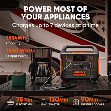 Jackery Portable Power Station Explorer 1500, 1534Wh Capacity with 3 x 110V/1800W Lightweight AC Outlets, Solar Generator, Non-gasoline for Home Use Backup, Emergency, RV Outdoor Off-Grid Camping