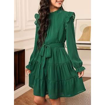 blibean Tween Girls Fall Dresses Teen Kids Girl Maxi Ruffle Long Sleeve Dresses Spring Semi Formal Party Wedding Guest Outfits Flare Flowy Dressy Photoshoot Clothes Size 12-13 Year Old Green