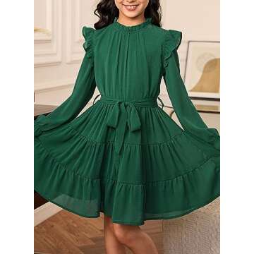 blibean Tween Girls Fall Dresses Teen Kids Girl Maxi Ruffle Long Sleeve Dresses Spring Semi Formal Party Wedding Guest Outfits Flare Flowy Dressy Photoshoot Clothes Size 12-13 Year Old Green