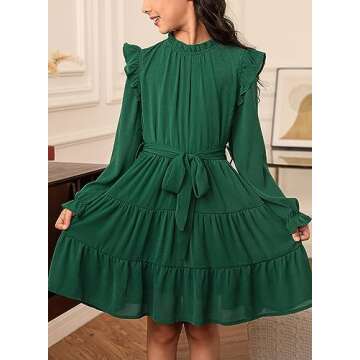 blibean Tween Girls Fall Dresses Teen Kids Girl Maxi Ruffle Long Sleeve Dresses Spring Semi Formal Party Wedding Guest Outfits Flare Flowy Dressy Photoshoot Clothes Size 12-13 Year Old Green