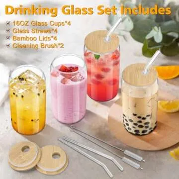 sungwoo 4PCS Glass Cups with Bamboo Lids and Straws, 16OZ Ice Coffee Cup, Drinking Cup set with Wood...