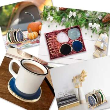 FUSHENMU Agate Coasters with Golden Rim & Holder Set