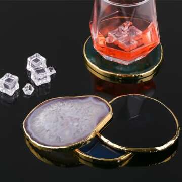 FUSHENMU Agate Coasters with Golden Rim & Holder Set