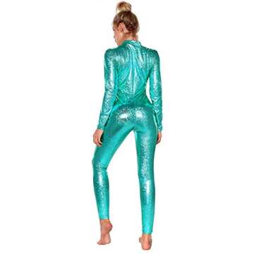 BLACK JACKY Women's Metallic Zip Front Neck Catsuit Bodysuit, Bky082 Lake Blue, Medium