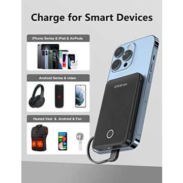 6000mah Ultra Slim Built in Cables Power Bank, Card Size Built in USB C Cords Battery Pack Portable Charger for phones, 3 Output External Battery Pack Compatible with iPhone, Samsung and Heated Vest