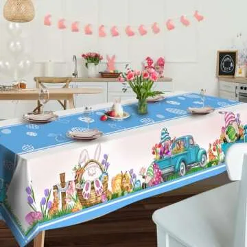 JNDJE Easter Tablecloth 60x84 | Bunny Eggs Tulip Decor