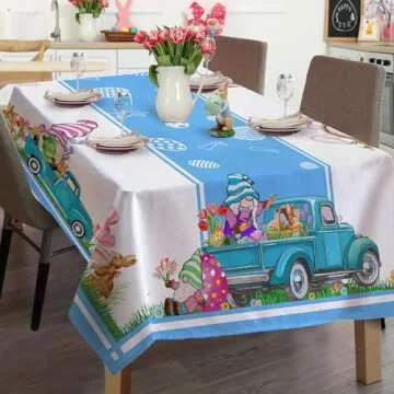 JNDJE Easter Tablecloth 60x84 | Bunny Eggs Tulip Decor
