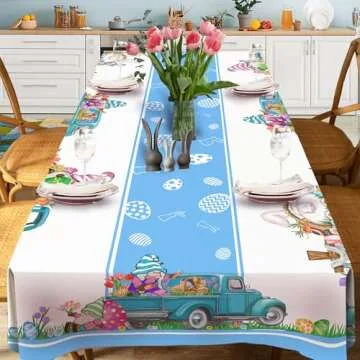 JNDJE Easter Tablecloth 60x84 | Bunny Eggs Tulip Decor