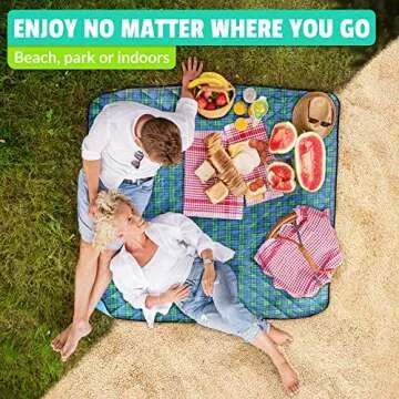 Roebury Beach Blanket Sand Proof & Outdoor Picnic Blanket - Water Resistant, Large Mat for Camping or Travel. Washable, Foldable, Easy Carry Compact Tote Bag (Green/Blue Plaid)