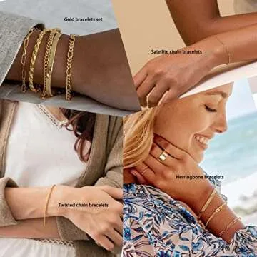 Gokeey Reoxvo 14K Gold Plated Snake Herrinbone Chain Bracelets Set for Women Dainty Gold Bracelets Set for Women Trendy Gold Stackable Bracelets 3pcs