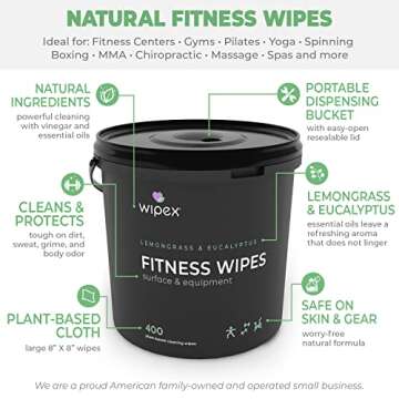 Wipex Gym Wipes Fitness Equipment Wipes, Plant-Based Cloth - Lemongrass, Eucalyptus and Vinegar Wipes to Clean Surfaces, Safe Yoga Mat Cleaner Wipes, All Purpose Gym Cleaner, 400 Count