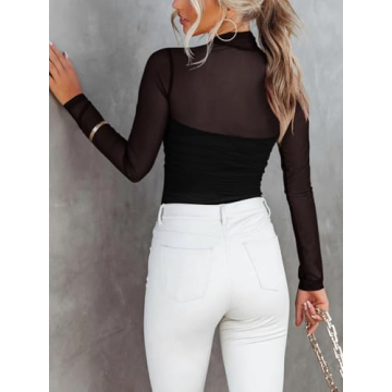 REORIA Women’s Mock Turtle Neck Sheer Mesh Bodysuit