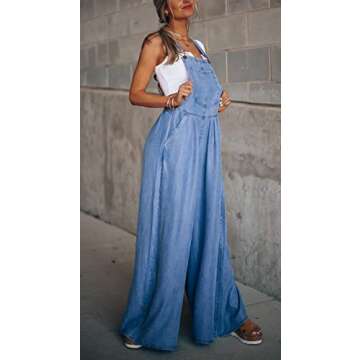 chouyatou Women's Loose Adjustable Strap Wide Leg Denim Bib Overall Jeans Pants (X-Small, Blue)