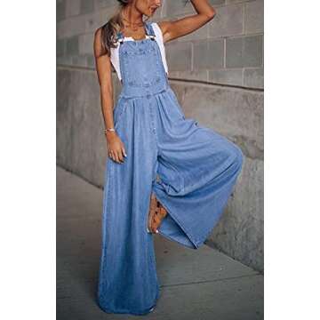 chouyatou Women's Loose Adjustable Strap Wide Leg Denim Bib Overall Jeans Pants (X-Small, Blue)