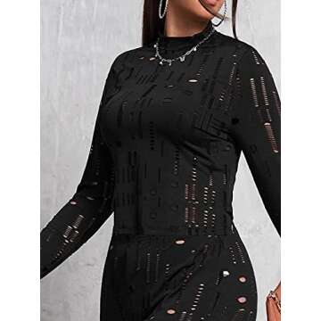 SUZONANA Women's Sexy Two Piece Sets for Women Night Out Hollow 2 Piece Party Outfits Long Sleeve Bodycon Shorts Pants Black S