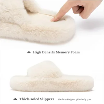 Chantomoo Women's Slippers Memory Foam House Bedroom Slippers for Women Fuzzy Plush Comfy Faux Fur Lined Slide Shoes Anti-Skid Sole Trendy Gift Slippers Beige Size7 8 6.5