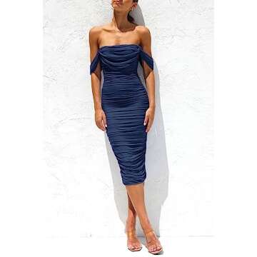 PRETTYGARDEN Women's Summer Off The Shoulder Ruched Bodycon Dresses Sleeveless Fitted Party Club Mid...