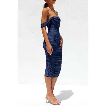 PRETTYGARDEN Women's Summer Off The Shoulder Ruched Bodycon Dresses Sleeveless Fitted Party Club Midi Dress (Navy,Large)