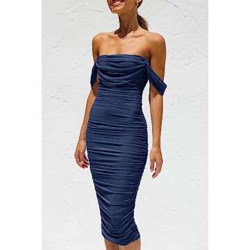 PRETTYGARDEN Women's Summer Off The Shoulder Ruched Bodycon Dresses Sleeveless Fitted Party Club Midi Dress (Navy,Large)