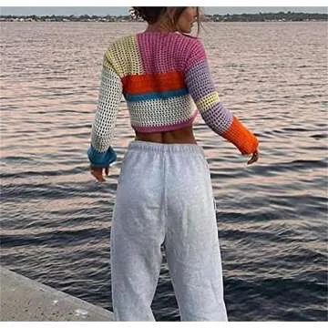 Y2k Square Collar Long Sleeve Crochet Knit Sweater