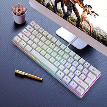 Snpurdiri 60% Wired Gaming Keyboard, 61 Keys RGB Backlit Wrist Rest Ultra-Compact Mini Waterproof Keyboard for PC Computer Gamer (White)