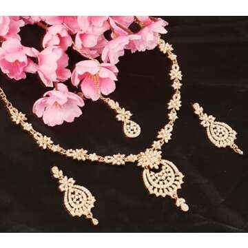 Touchstone NEW Indian Bollywood Trends Filigree Floral Pattern Sparkling Pearl Designer Jewelry Necklace Set Mangtika In Antique Gold Tone For Women.