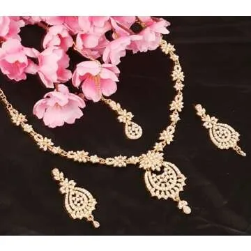 Touchstone NEW Indian Bollywood Trends Filigree Floral Pattern Sparkling Pearl Designer Jewelry Necklace Set Mangtika In Antique Gold Tone For Women.