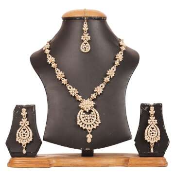 Touchstone NEW Indian Bollywood Trends Filigree Floral Pattern Sparkling Pearl Designer Jewelry Necklace Set Mangtika In Antique Gold Tone For Women.