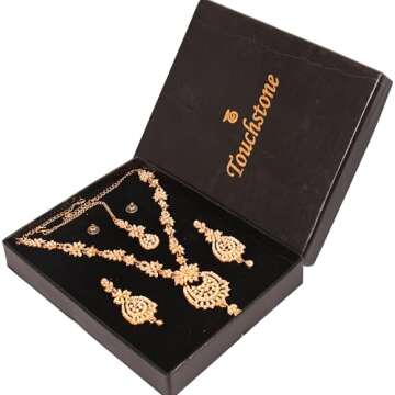Touchstone NEW Indian Bollywood Trends Filigree Floral Pattern Sparkling Pearl Designer Jewelry Necklace Set Mangtika In Antique Gold Tone For Women.