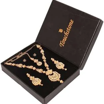 Touchstone NEW Indian Bollywood Trends Filigree Floral Pattern Sparkling Pearl Designer Jewelry Necklace Set Mangtika In Antique Gold Tone For Women.