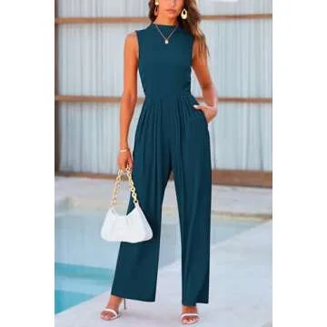 PRETTYGARDEN Womens Summer Jumpsuits Dressy Casual One Piece Outfits Sleeveless Mock Neck Wide Leg Pants Rompers with Pockets (Lake Blue,Small)