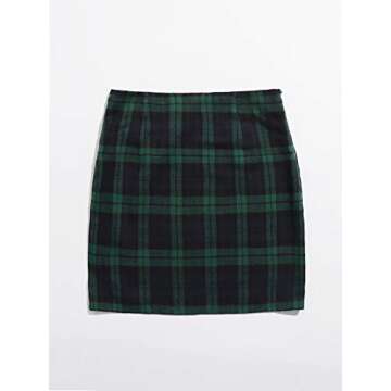 WDIRARA Women's Plaid Skirt High Waist Split Front Zip Up Mini Bodycon Skirt Green&Black XS