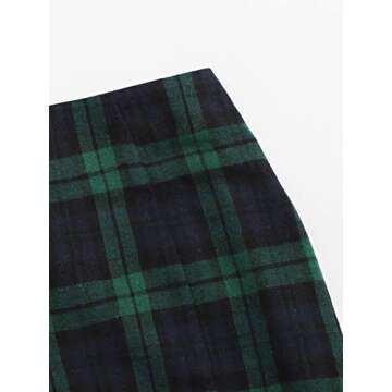 WDIRARA Women's Plaid Skirt High Waist Split Front Zip Up Mini Bodycon Skirt Green&Black XS