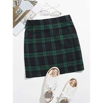 WDIRARA Women's Plaid Skirt High Waist Split Front Zip Up Mini Bodycon Skirt Green&Black XS