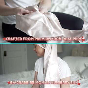 30 inch Oversized Silk Hair Wrap for Sleeping - 100% Pure 6A-Grade 22 Momme Mulberry Silk Night Sleep Bonnet for Curly Hair, Sleep Cap for Long Hair (Pale Pink)