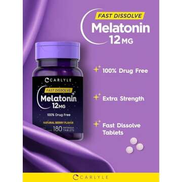 Carlyle Melatonin 12 mg Fast Dissolve 180 Tablets | Drug Free | Natural Berry Flavor | Vegetarian, Non-GMO, Gluten Free