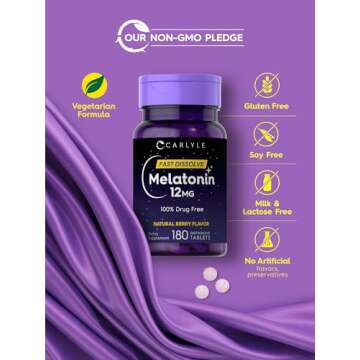 Carlyle Melatonin 12 mg Fast Dissolve 180 Tablets | Drug Free | Natural Berry Flavor | Vegetarian, Non-GMO, Gluten Free