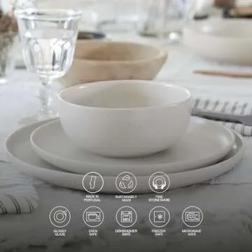 Casafina Ceramic Stoneware 18-Piece Place Setting Service for 6 with Cereal Bowls - Pacifica Collection, Vanilla | Microwave & Dishwasher Safe Dinnerware Set | Food Safe Restaurant Quality Tableware