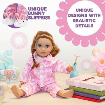 Easter Bunny Doll Pajama Set w Slippers- 18" Doll Clothes & Accessories Compatible w American Girl Dolls- 3pc PJ Outfit Set Includes Rabbit Shirt, Pants,& White Slippers- Basket Stuffer Gift for Girls