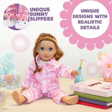 Easter Bunny Doll Pajama Set w Slippers- 18" Doll Clothes & Accessories Compatible w American Girl Dolls- 3pc PJ Outfit Set Includes Rabbit Shirt, Pants,& White Slippers- Basket Stuffer Gift for Girls