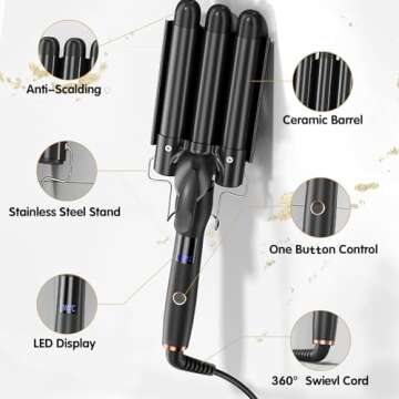Hair Crimper 1 Inch, 3 Barrel Beach Wave Curling Iron, Foldable 25mm 3 Barrel Hair Waver, Adjustable...