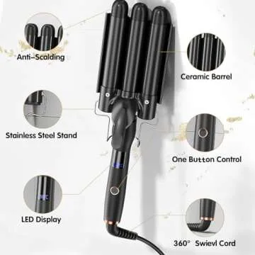 Hair Crimper 1 Inch, 3 Barrel Beach Wave Curling Iron, Foldable 25mm 3 Barrel Hair Waver, Adjustable...