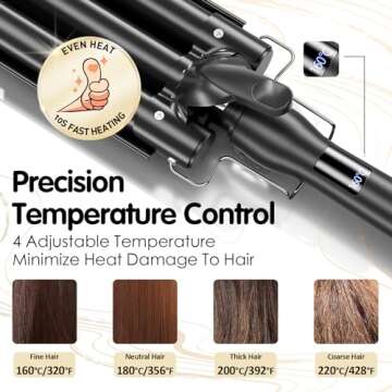 Hair Crimper 1 Inch, 3 Barrel Beach Wave Curling Iron, Foldable 25mm 3 Barrel Hair Waver, Adjustable 4 Temperature Settings Heat Up Quickly Hair Curler Curling Wand with LCD Temperature Display