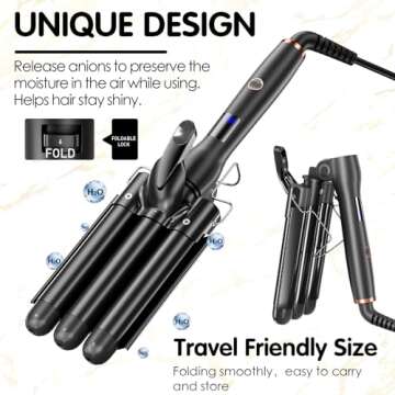 Hair Crimper 1 Inch, 3 Barrel Beach Wave Curling Iron, Foldable 25mm 3 Barrel Hair Waver, Adjustable 4 Temperature Settings Heat Up Quickly Hair Curler Curling Wand with LCD Temperature Display