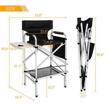 mefeir 31" Tall Folding Directors Chair with Side Table Storage Bag,Portable Makeup Artist Bar Height, Aluminum Frame 300 lbs Capacity, 19.2" D x 23.6" W x 45.6" H