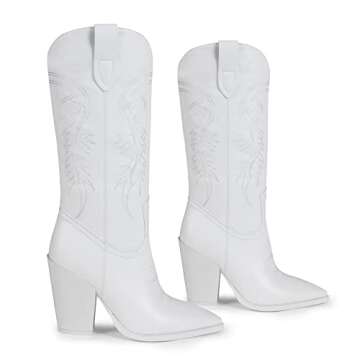 ISNOM White Cowgirl Boots for Womens Western Boots Tall White Cowboy Boots for Women Knee High Weste...